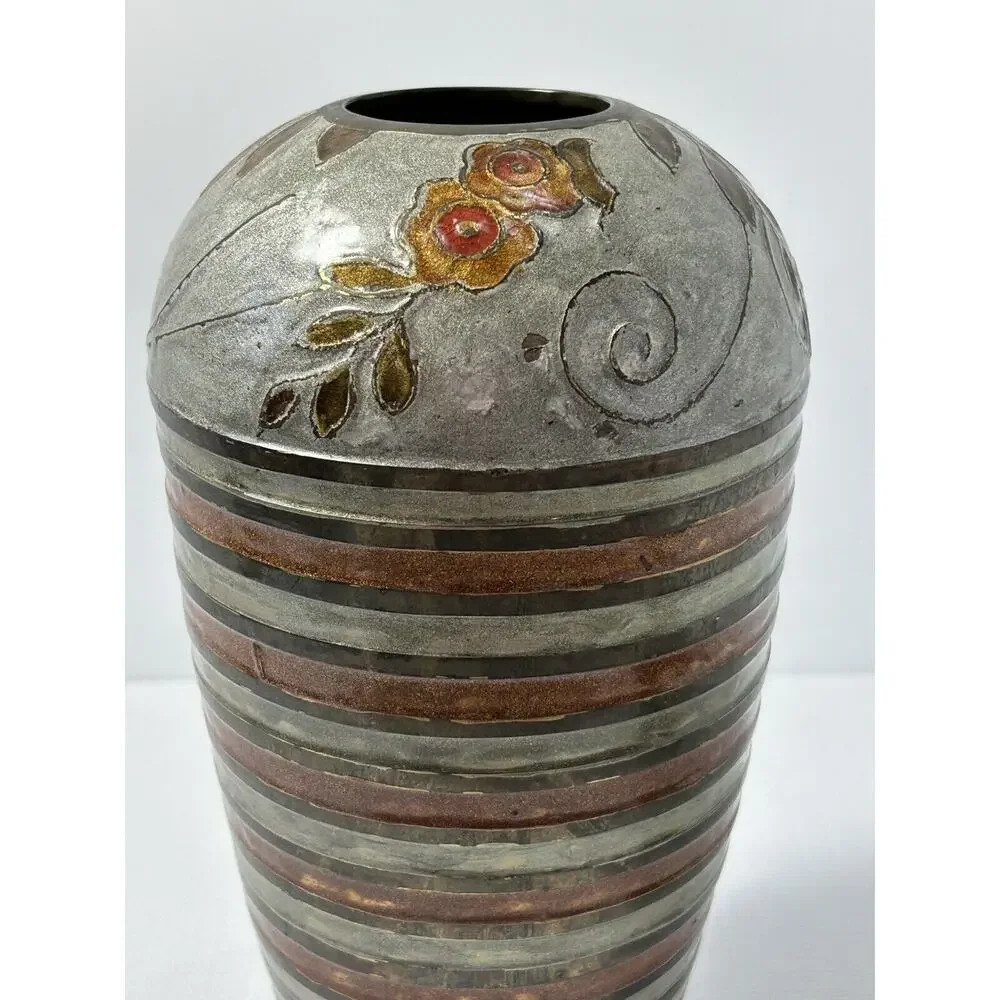 Vintage Brass Cloisonne Flower‎ Decor Vase~Floral~Earthtones~India~10.25